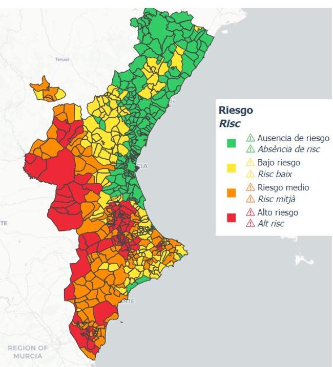 Nivel de riesgo por municipios el miércoles 18 de julio.