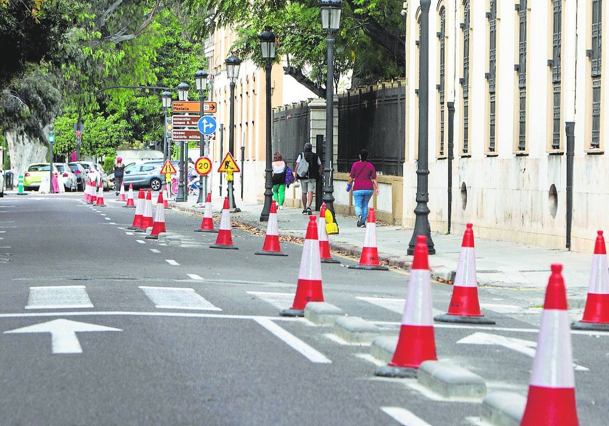 Carril bici creado en la vía de servicio de la Alameda en Valencia.