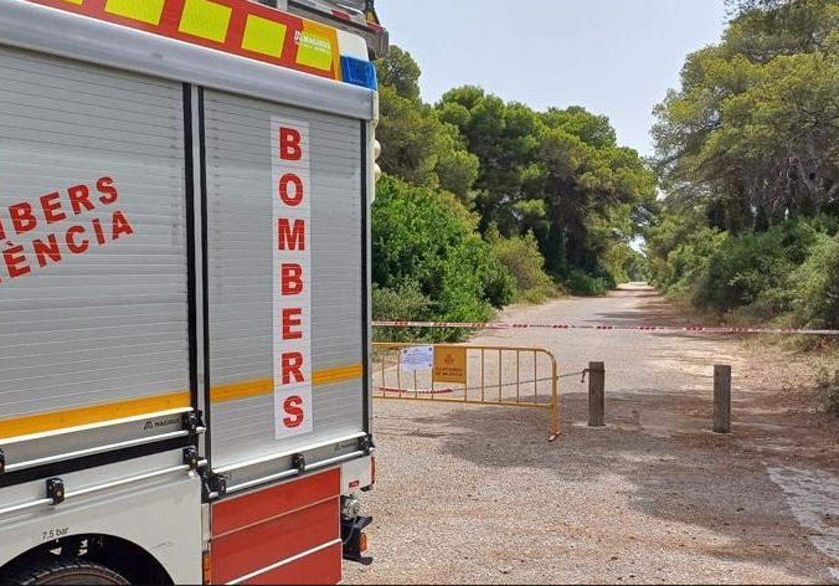 Un camión de Bomberos en la Devesa del Saler.