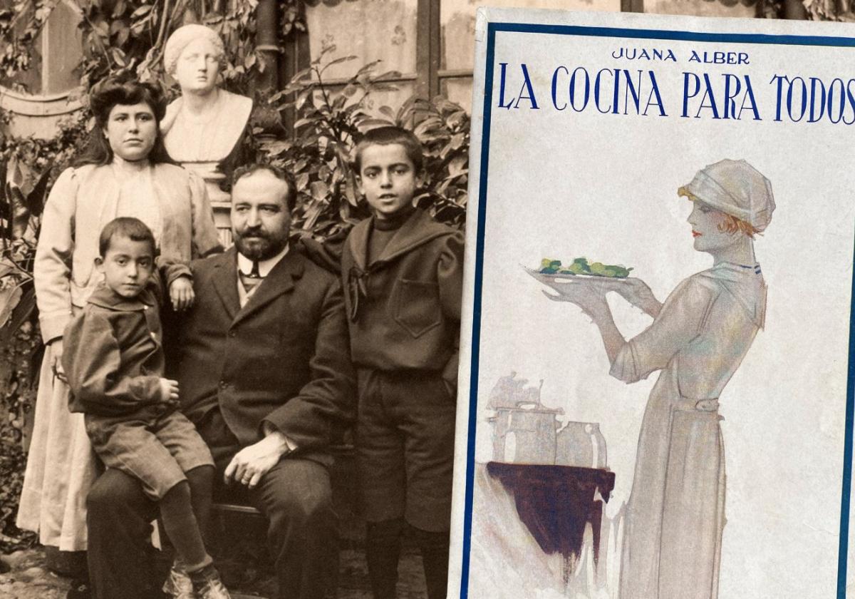 p Blasco Ibáñez con sus hijos Libertad, Julio César y Sigfrido junto a la portada de 'La cocina para todos'.