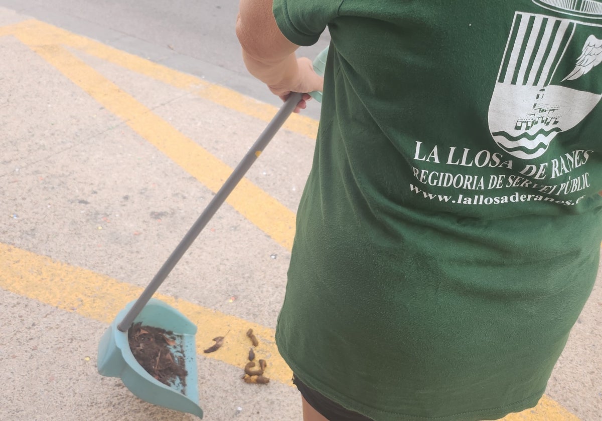 Un operario de la Llosa de Ranes recoge las cacas de perro de la vía pública.