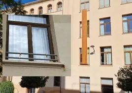 A la derecha la bandera en la fachada y a la izquierda, detalla de la ventana de la que fue arrancada.