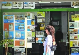 Una joven observa los anuncios de una agencia inmobiliaria en Valencia.