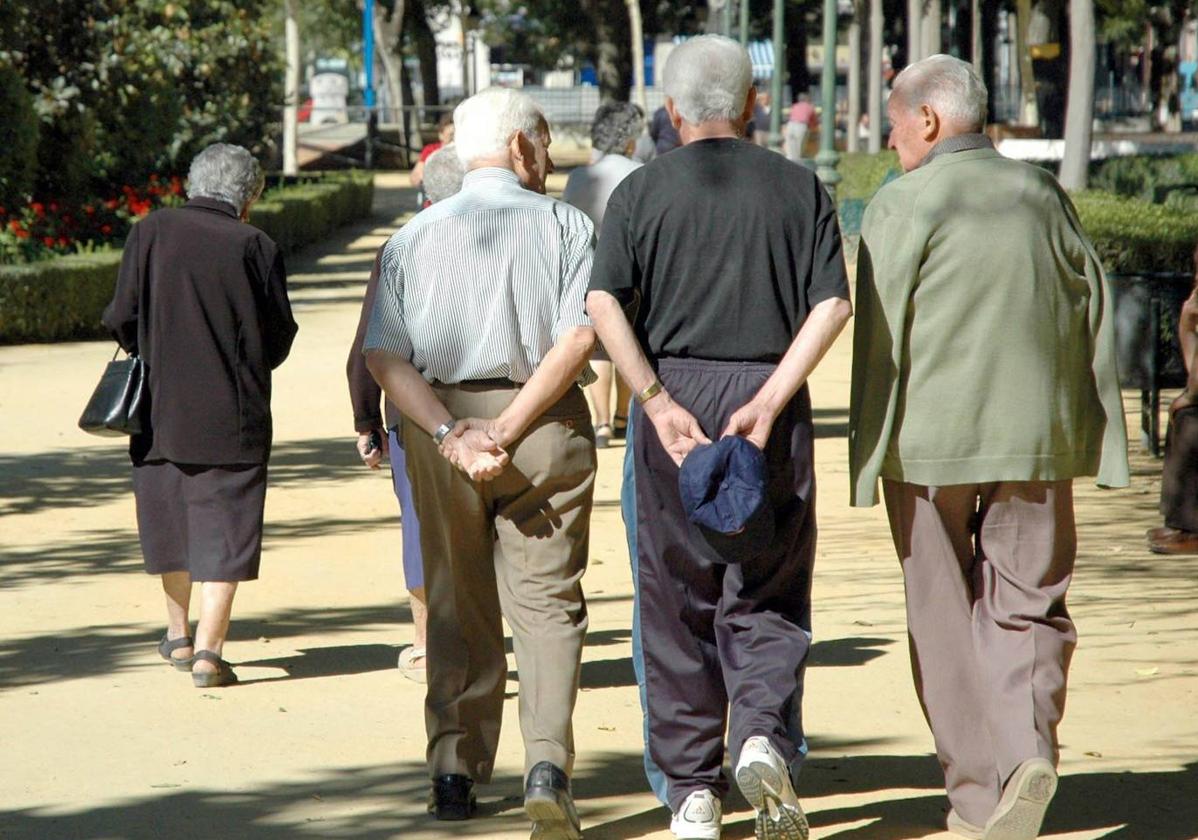 Unos jubilados conversan mientras pasean por un parque