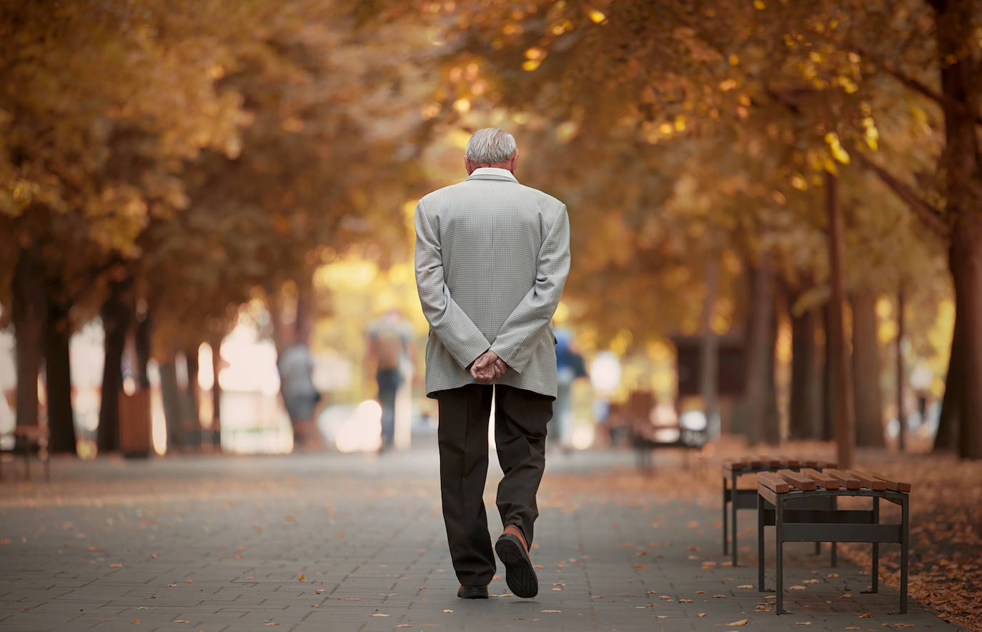 Un hombre pasea por un parque.