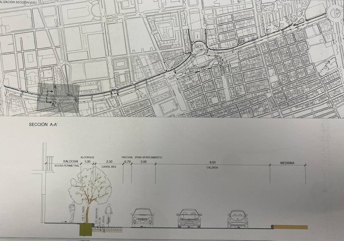 Imagen principal - Plano del carril bici de Serrería y tramos en obras del carril bici de Serrería.