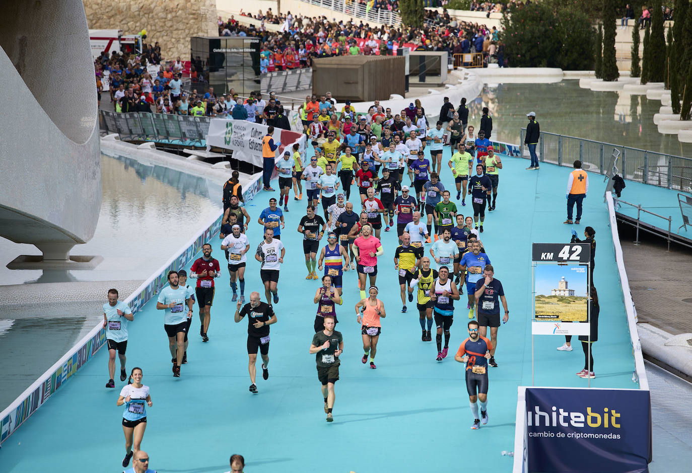 Llegada de los corredores populares del maratón de Valencia en 2022.