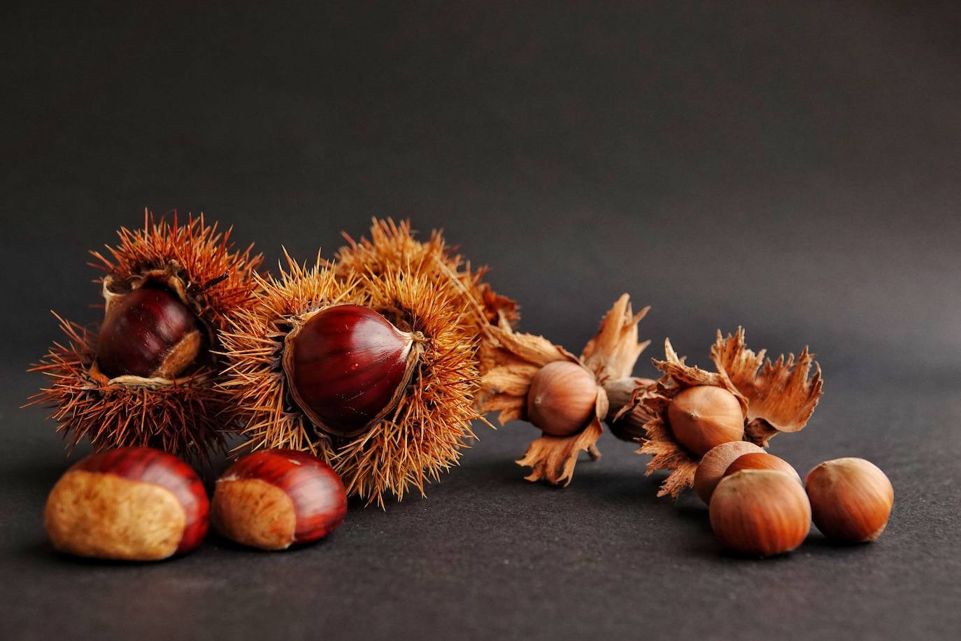 Bodegón de frutos secos de otoño: castañas, avellanas y nueces.