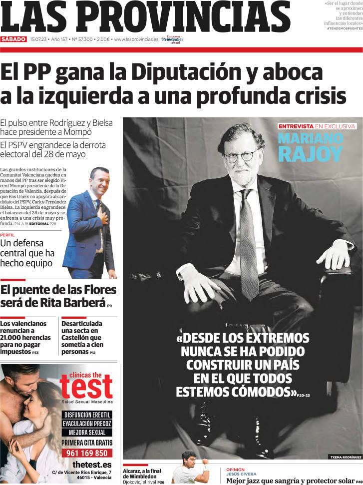 Portada de LAS PROVINCIAS publicada el 15 de julio de 2023