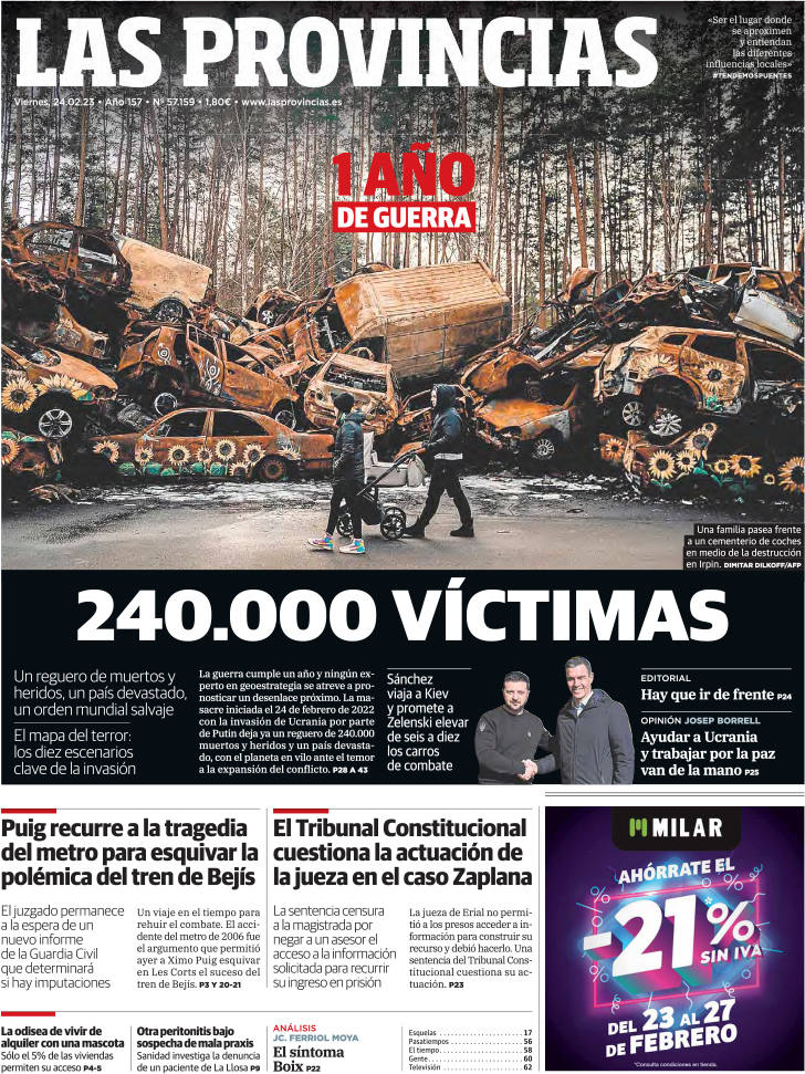 Portada de LAS PROVINCIAS publicada el 24 de febrero de 2023