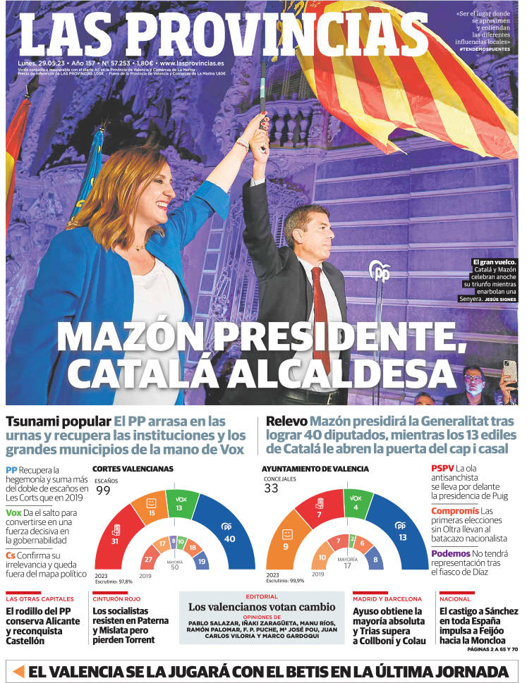 Portada de LAS PROVINCIAS publicada el 29 de mayo de 2023