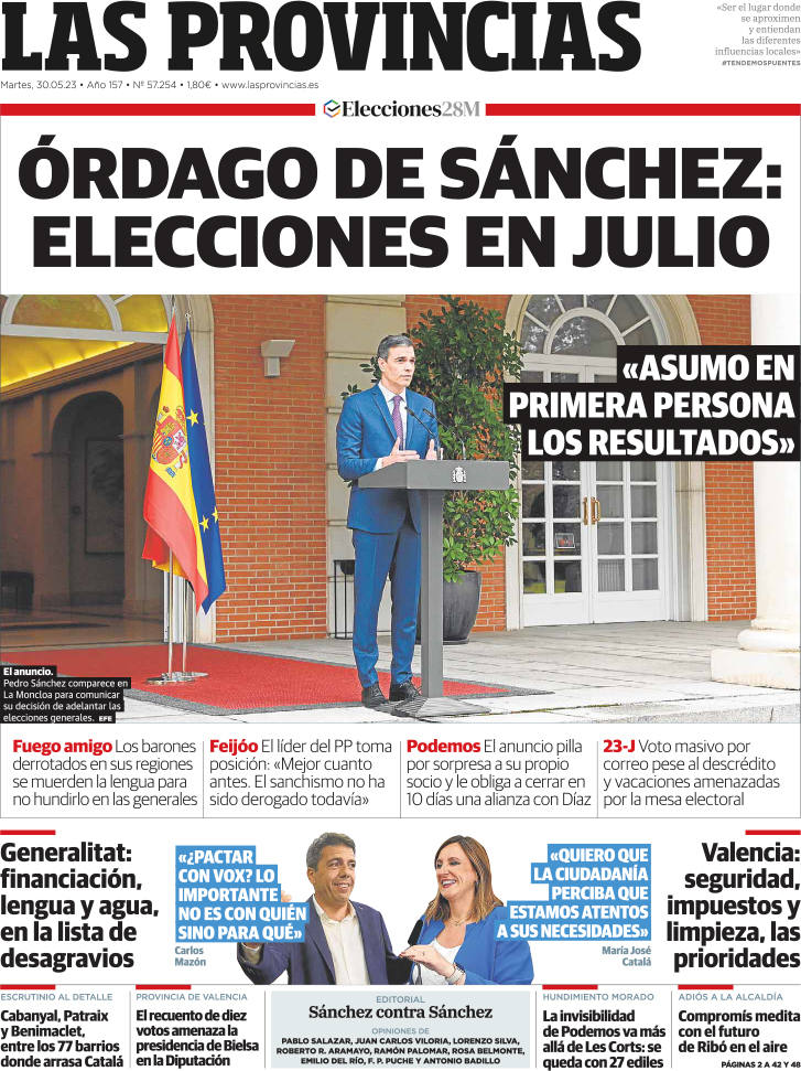 Portada de LAS PROVINCIAS publicada el 30 de mayo de 2023