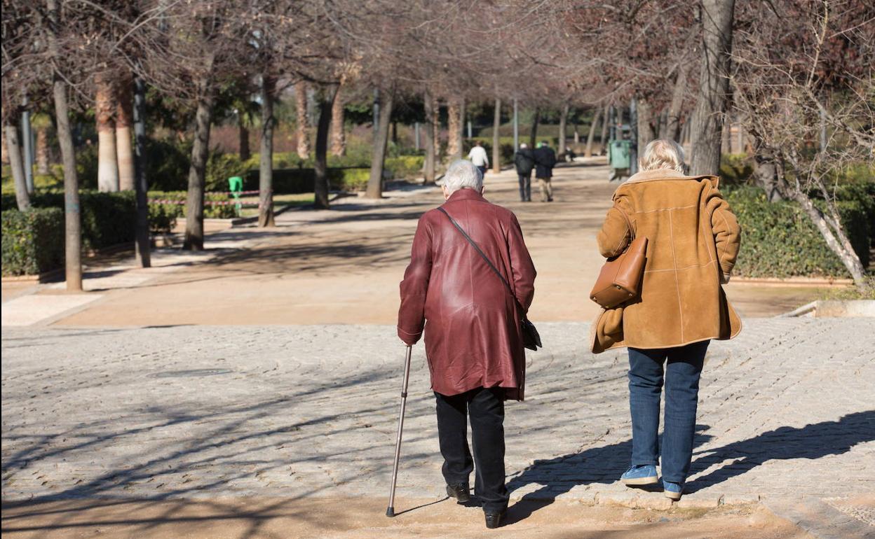 Dos ancianos pasean por el parque