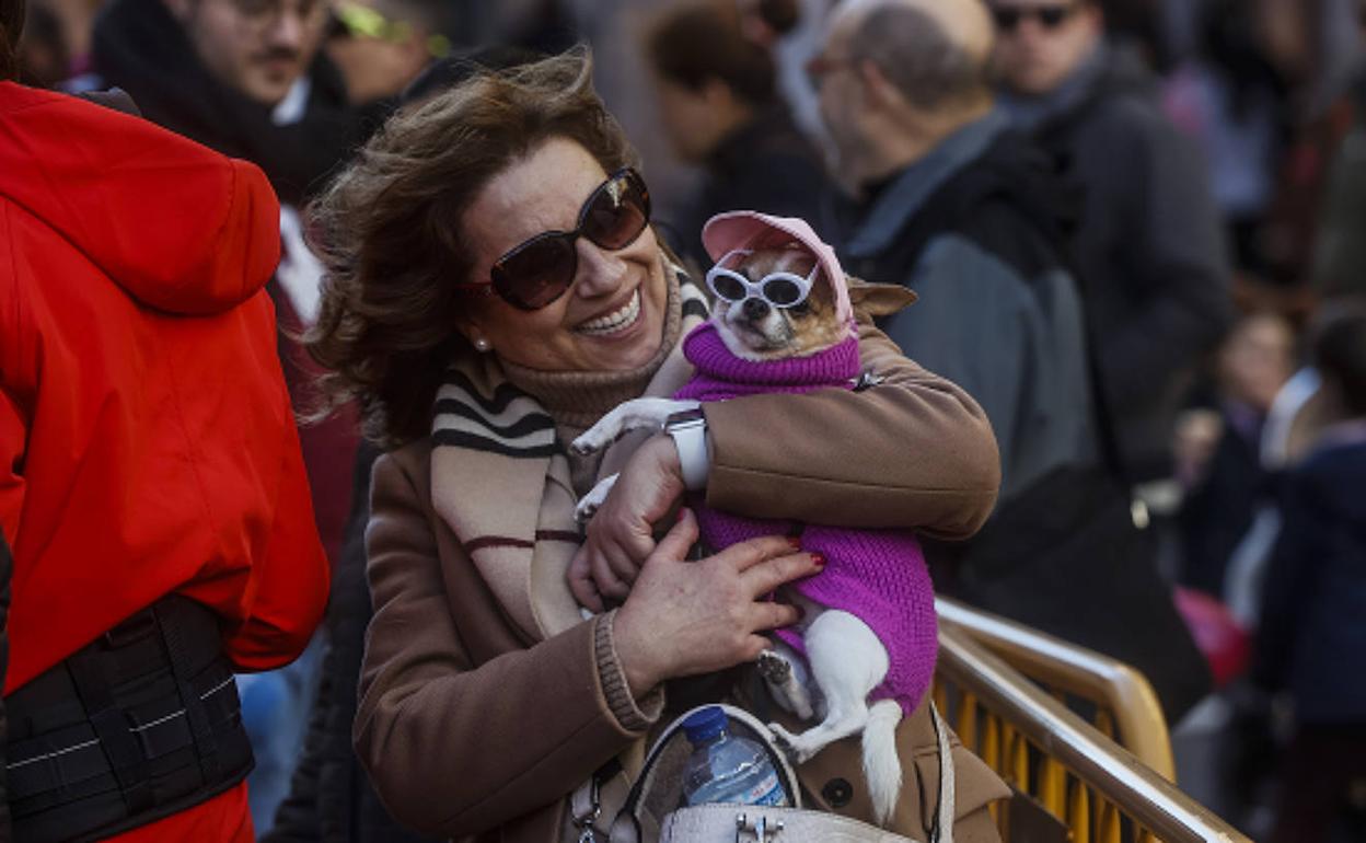 Una mujer sostiene un perro en la reciente bendición de animales. 