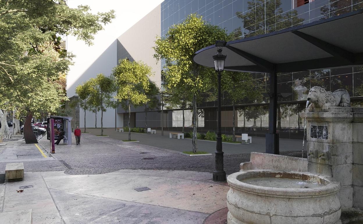 Recreación de la fachada de la nueva sede judicial ubicada junto a la fuente del Lleó en Xàtiva. 