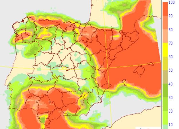 Probabilidad de lluvias en España el martes 7 de febrero. 