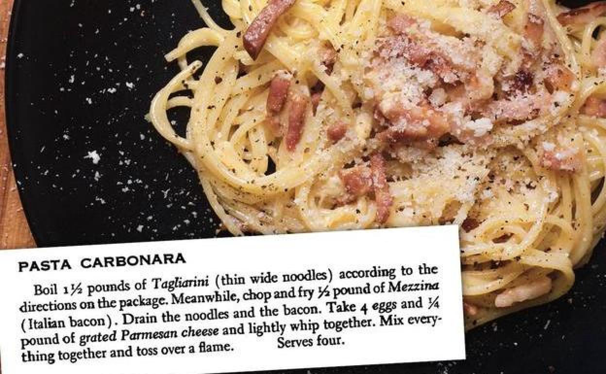 Plato de espagueti a la carbonara y receta publicada en el libro 'Vittles and Vice' de Patricia Bronté.