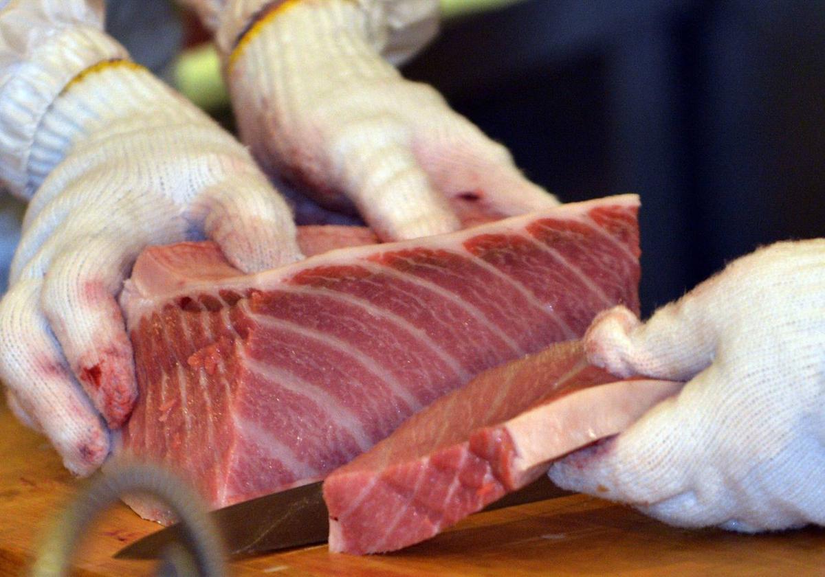 Cocineros cortan una pieza de atún.