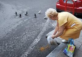Una mujer da de comer a unas palomas en una imagen de archivo.