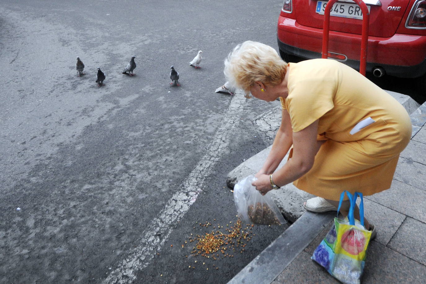 Una mujer da de comer a unas palomas en una imagen de archivo.