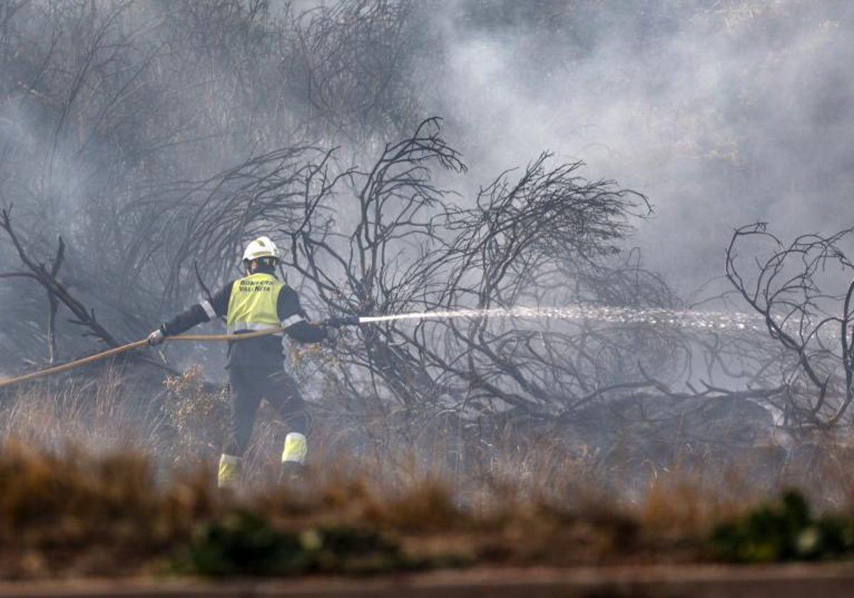 Un bombero, durante las labores de extinción del incendio de este domingo.