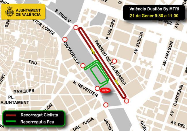 Plano del recorrido y calles cortadas por el Duatlón.