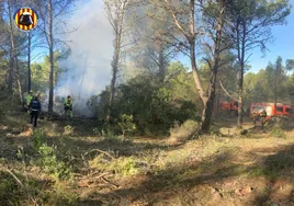 Bomberos apagando el fuego que se ha producido en el término de Serra.