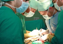 Cuatro médicos realizan un trasplante de riñón.