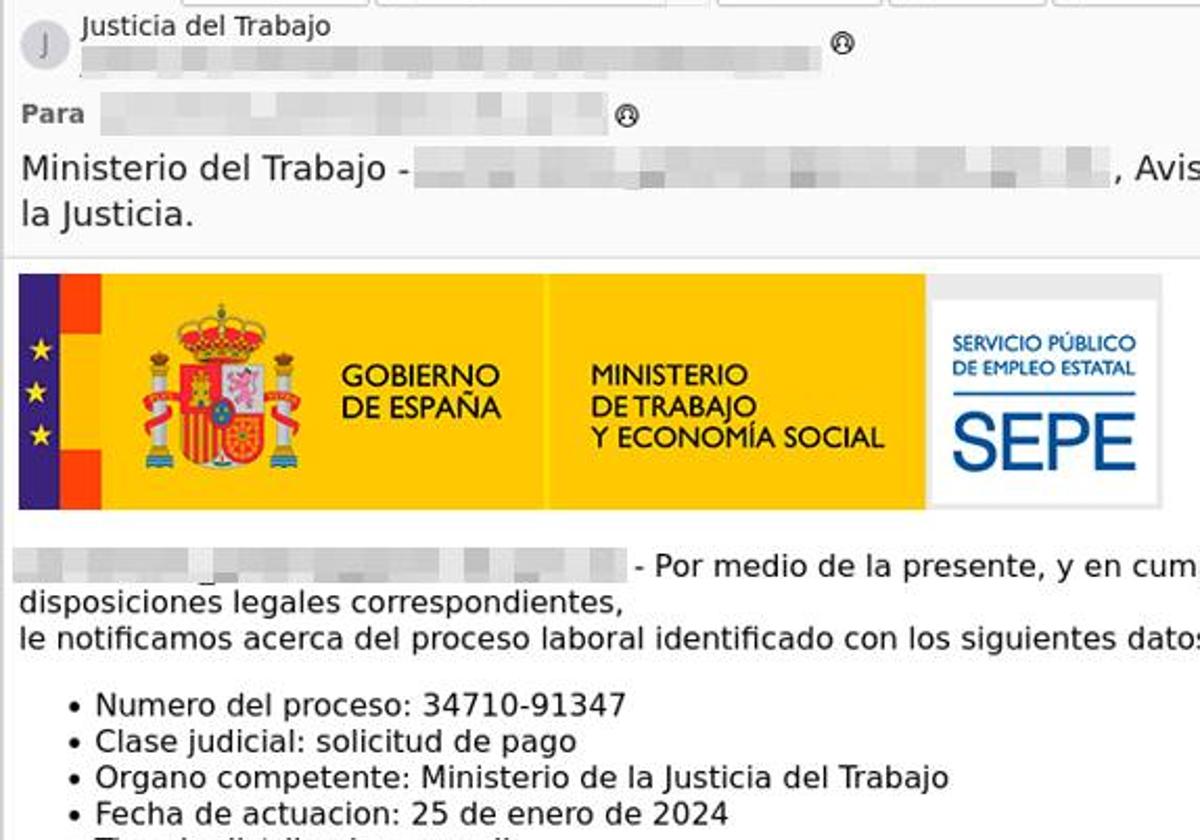 Correo electrónico que suplanta al SEPE y que es un fraude.