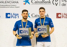 Ibiza y Boronat, con los títulos que les acreditan como campeones de la Lliga Pro2