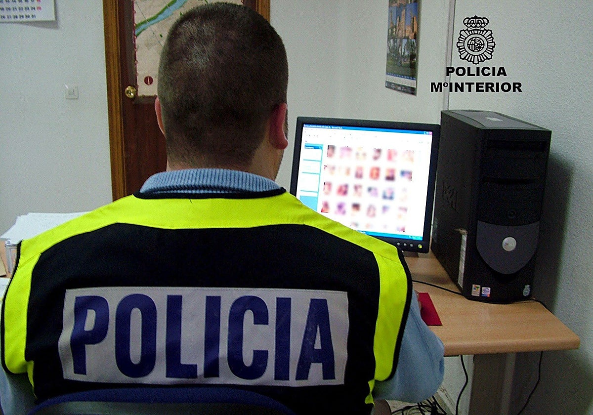 Policía Nacional frente al ordenador.
