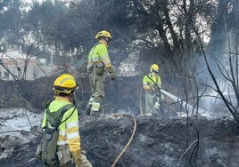 Bomberos ante un paraje quemado.