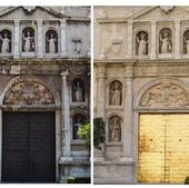 El antes y el después de la fachada de la iglesia de Santo Domingo.