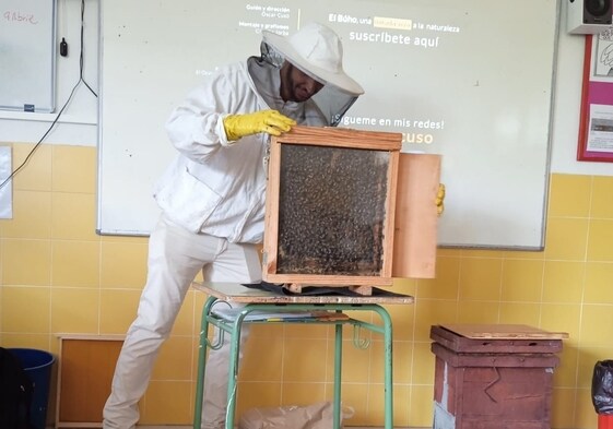 El apicultor muestra en clase uno de los panales de la colmena.