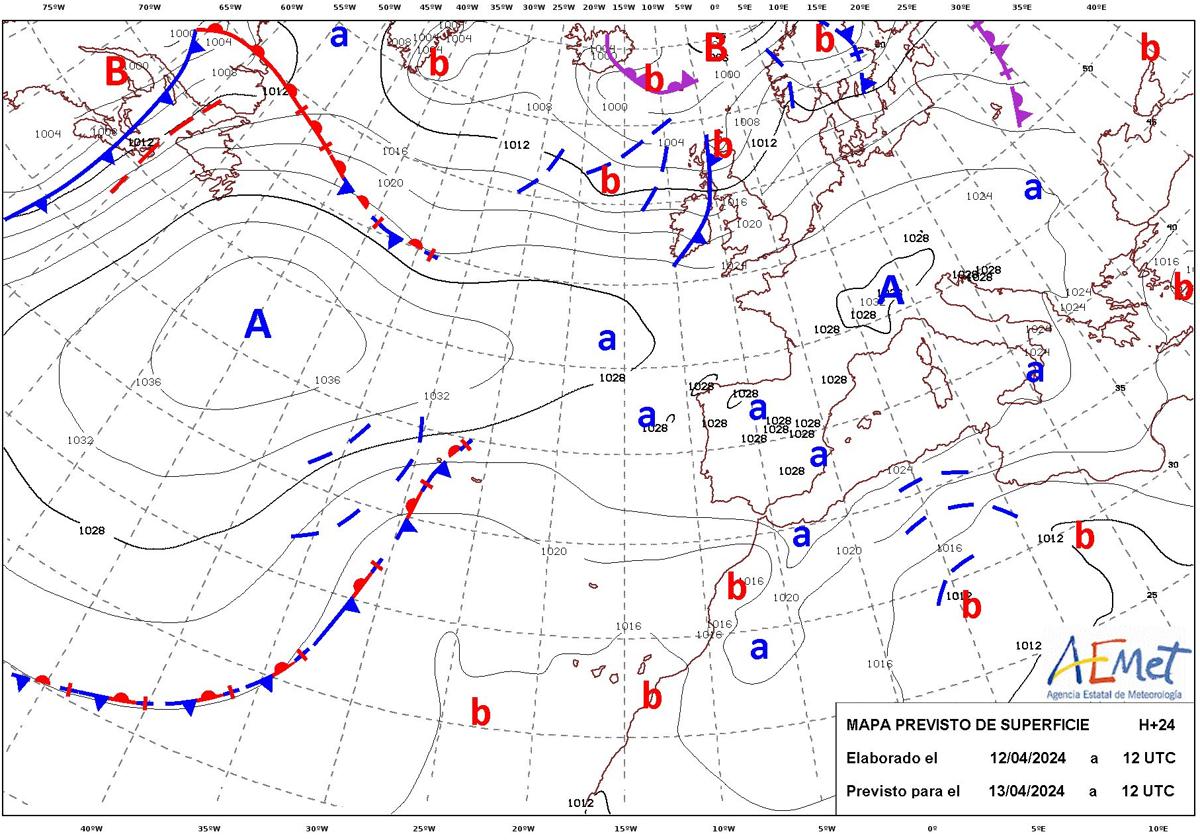 Mapa de isobaras previsto para el sábado.