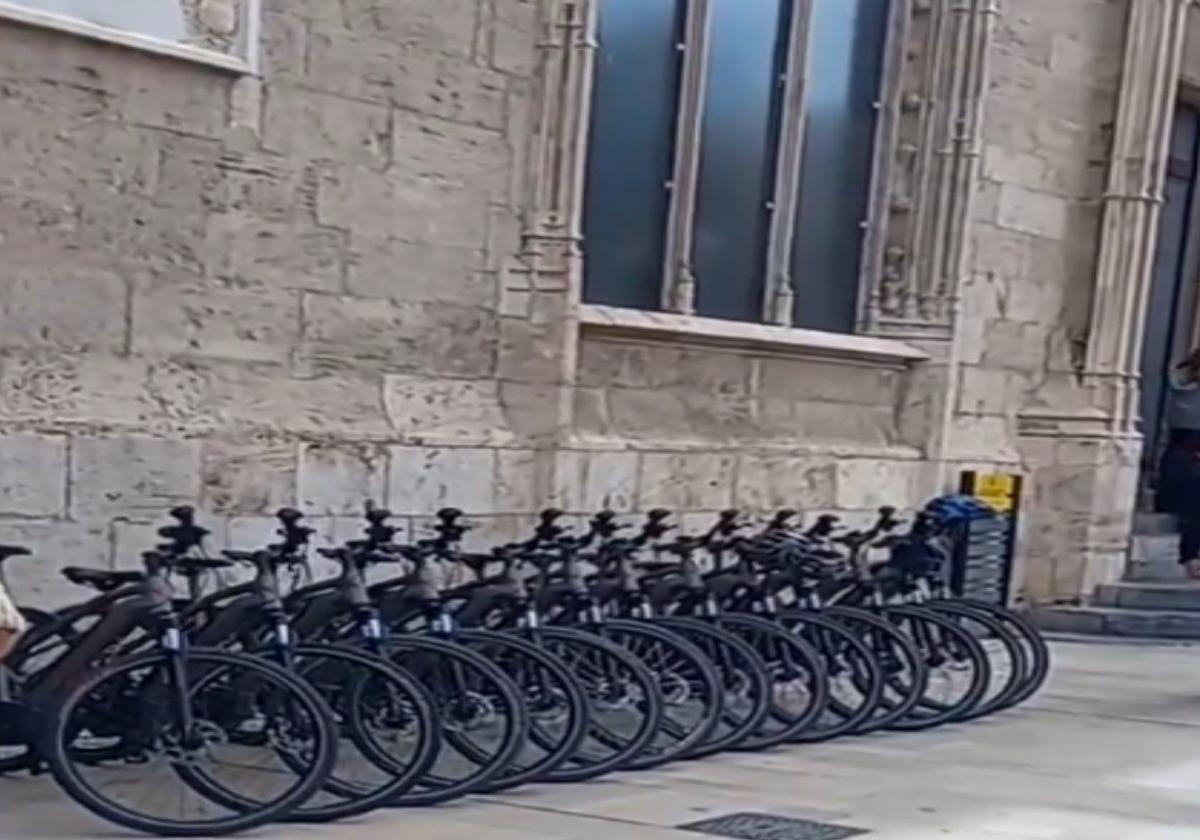 Decenas de bicicletas de alquiler frente a La Lonja.