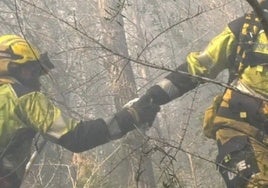 Bomberos entre el humo en Tàrbena.