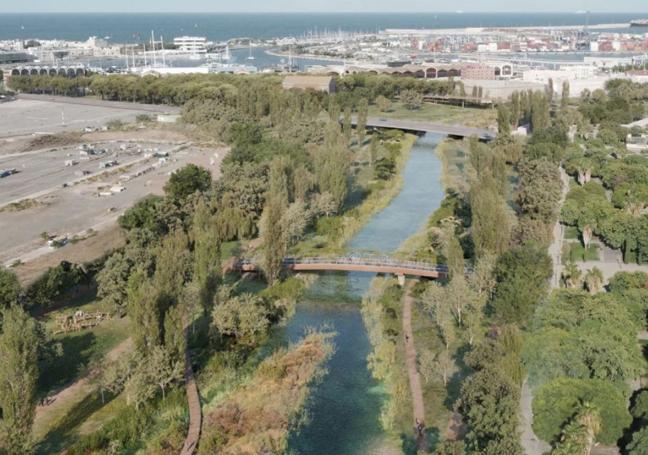 Recreación del proyecto (Con)fluir, ganador del concurso de ideas para el parque de desembocadura de Valencia.