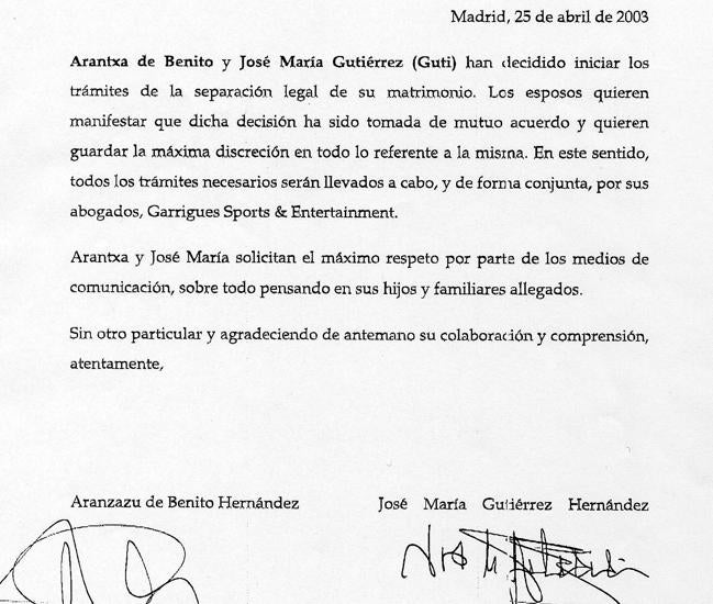 Comunicado de separación de Guti y Arantxa de Benito.