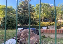 Un indigente durmiendo junto a la verja del colegio Gonzalbes Vera.