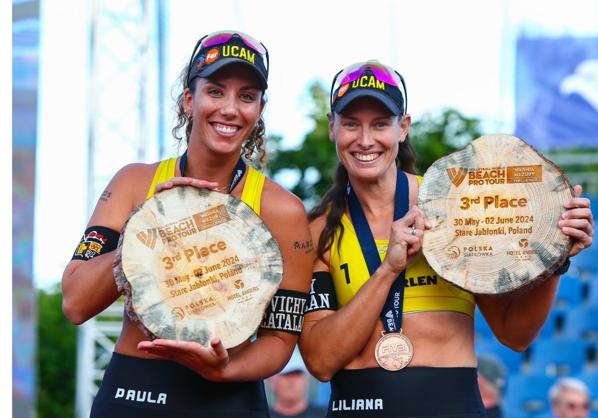 Liliana Fernández y Paula Soria posando con el trofeo en Polonia.