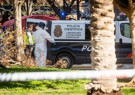 Dos investigadores y un furgón de la Policía Científica junto al edificio incendiado.