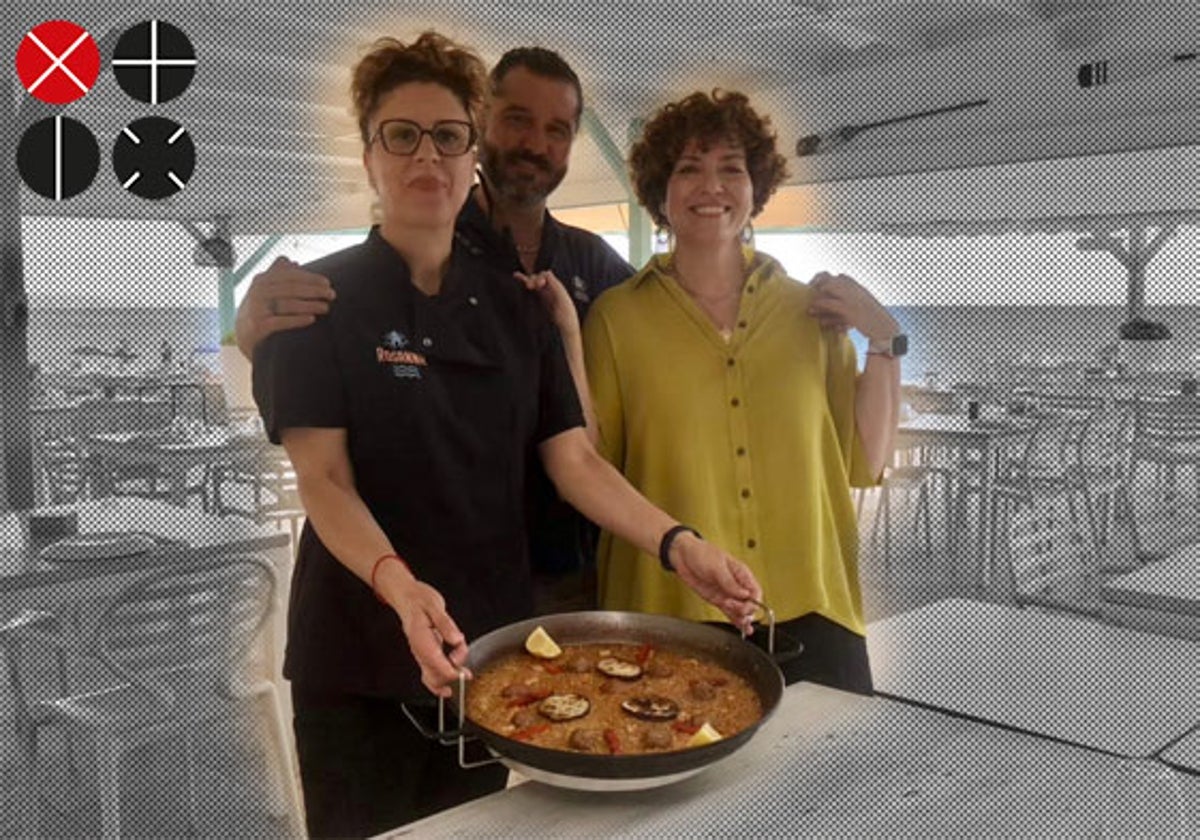 Rosana, Keko y Ana Belén muestran un 'arròs del senyoret de carn'.