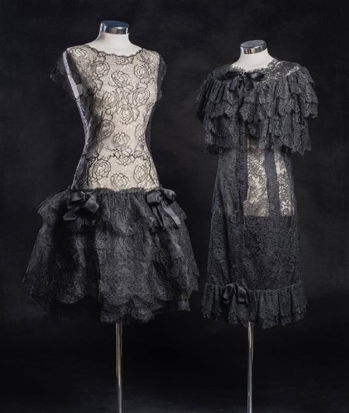 Imagen secundaria 2 - Algunas de las piezas de la colección de Guillem Alventosa. Arriba, vestidos diseño de Caruncho (Madrid), Dafnis (Madrid) y Herrera-Ollero (Madrid). Años 60-70. A la izquierda, cuerpo diseño de Herrera-Ollero (Madrid). Años 60. la derecha, vestidos de encaje diseño Cristóbal Balenciaga y Manuel Pertegaz. Años 60. 