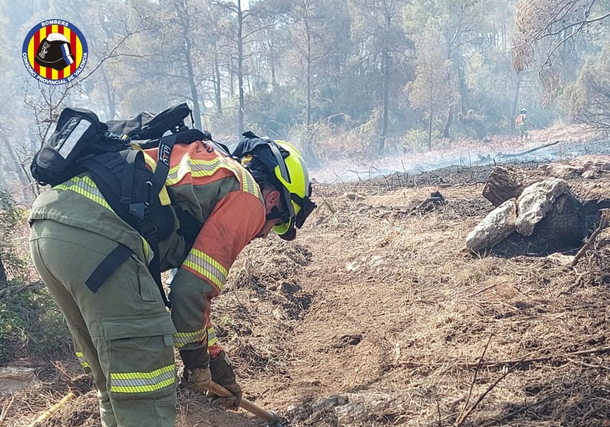 Brigadas forestales trabajando en el incendio forestal de Enguera.