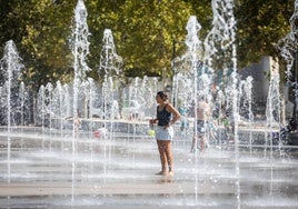 Niños y familias enteras se refrescan con los chorros del Parque Central.