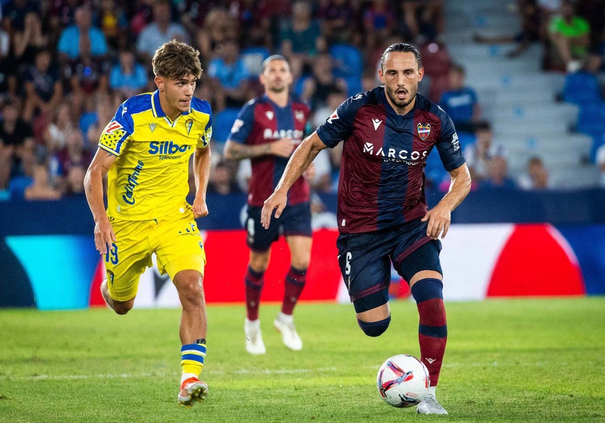 Giorgi Kochorashvili, conduciendo el balón durante el partido contra el Cádiz.