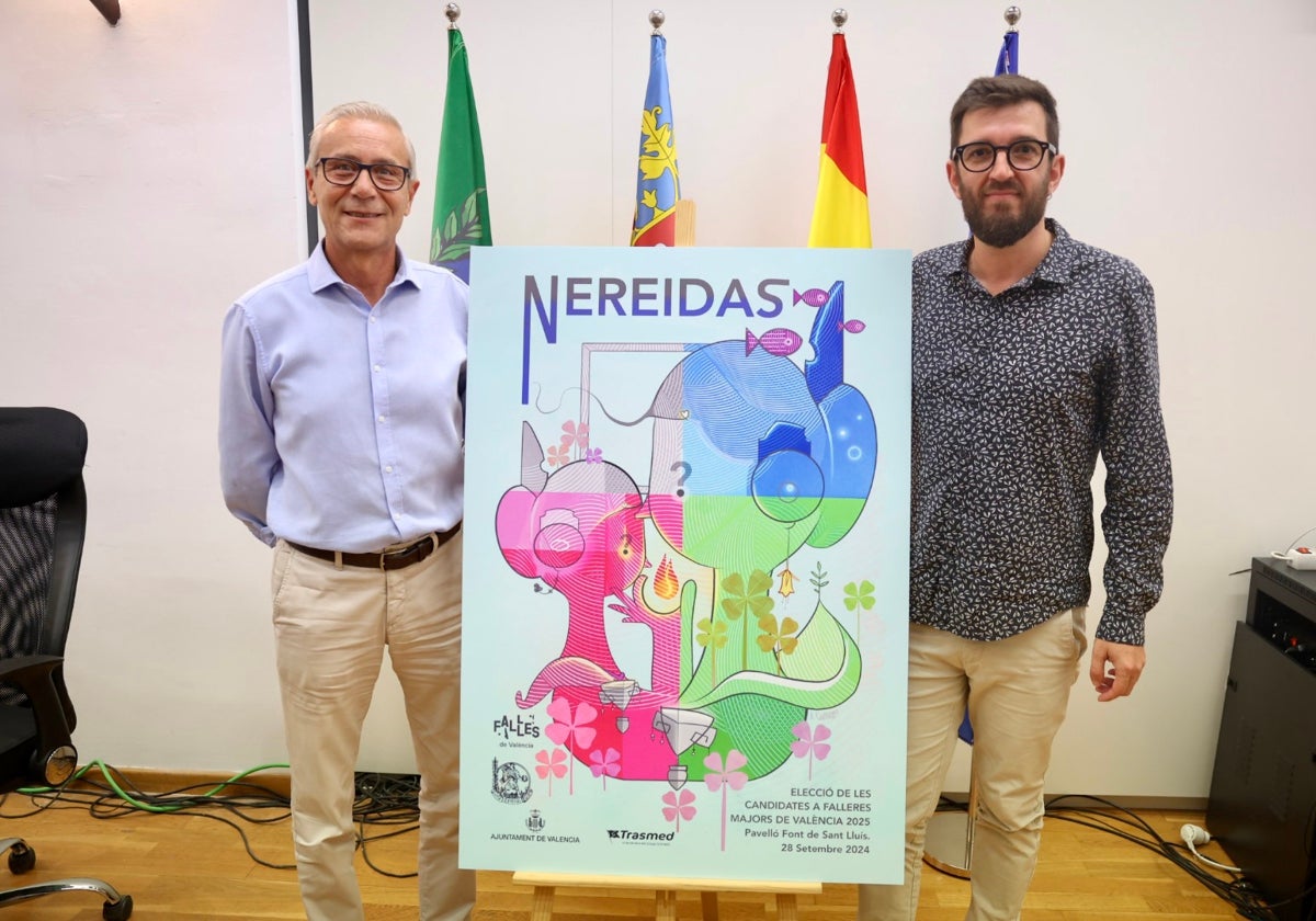 Santiago Ballester y José Gallego junto al cartel de presentación de las Falleras Mayores.