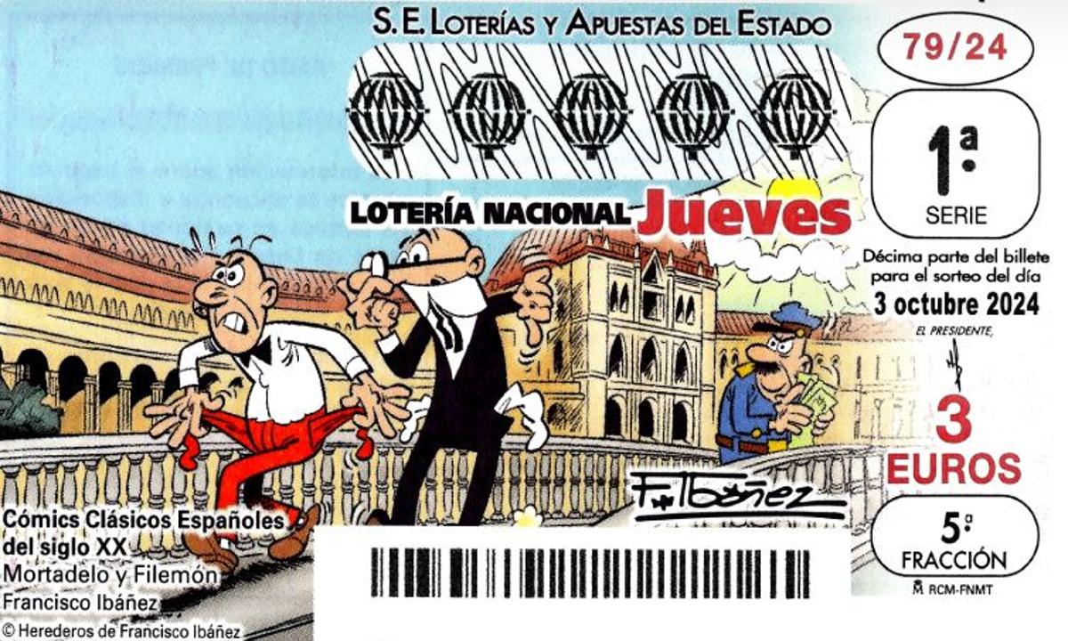 Décimo de Lotería dedicado a los famosos agentes de la TIA, Mortadelo y Filemón.