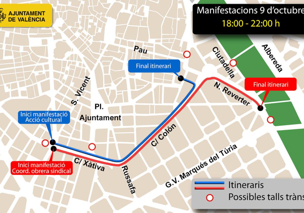 Itinerario de las dos manifestaciones previstas este miércoles.